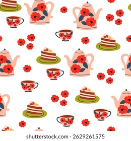Padrão perfeito com bule de chá, caneca, flores e bolo delicioso. Bebida da manhã quente, hora do chá. Ilustração gráfica plana do vetor do chá em um fundo branco. 