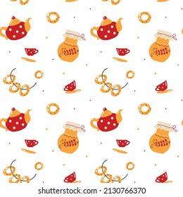 Seamless pattern of teapot and mugs and bagels. Russian traditions. Maslenitsa Day. Vector illustration for backgrounds, postcards, packaging