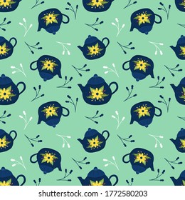 Patrón sin foco con tetera sobre fondo verde. Diseño de ilustraciones de vector personalizadas