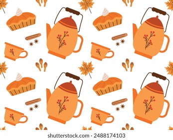 Patrón sin costuras con tarta de tetera y especias para un otoño acogedor. Ilustración vectorial de Elementos de otoño para fondo, textil, papel de embalaje, scrapbooking eps 10