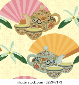 Seamless pattern with teapot, a small cup of green tea and fans.