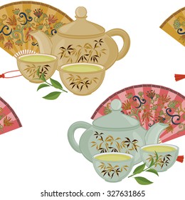 Seamless pattern with teapot, a small cup of green tea and fans.