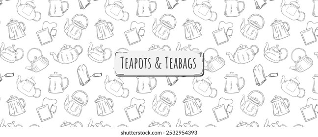 Seamless pattern with teapot and tea bag on white background. Vector wallpaper outline style. Sketch of teapot and tea bag.