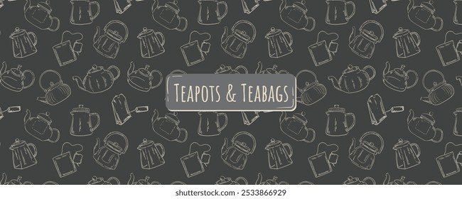 Seamless pattern with teapot, tea bag on black background. Vector wallpaper outline style. Sketch of teapot and tea bag.