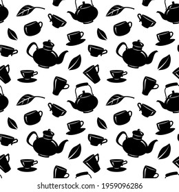 Seamless pattern with teapot and tea cups on white background. Vector illustration