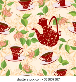 Seamless pattern with teapot, tea cups and pink flowers. Red patterned kettle or coffee pot and red patterned Cup with a drink.