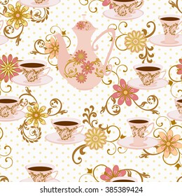 Seamless pattern with teapot, tea cups and flowers. Patterned kettle or coffee pot and patterned Cup with a drink.