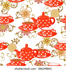 Seamless pattern with teapot, tea cups and flowers. The teapot in polka dot and Cup with a drink.