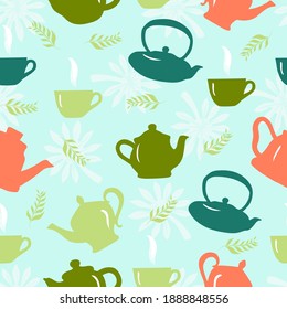 Seamless pattern with teapot, teacup,green leaves. Kitchen background. Vector design for fabric, clothes print, towel, textile, wallpapers, surface textures, package product of tea scrapbooking