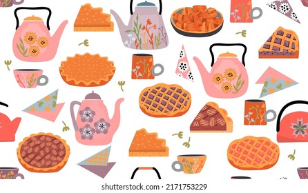 Seamless pattern with teapot,cup and baked dessert.Pie with pecan, pumpkin, blueberry filling, whole and pieces.Colorful food background for printing on fabric and paper.Vector hand drawn illustration