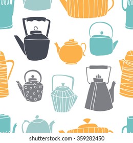 Seamless pattern with teapots. Teapots all shapes and sizes, different design. Background white.