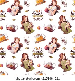 Seamless pattern teapots and beautiful women. Tea shop, break, cafe-bar, tea lover, tea party, beverages concept. Perfect for product design, scrapbooking, textile, wrapping.