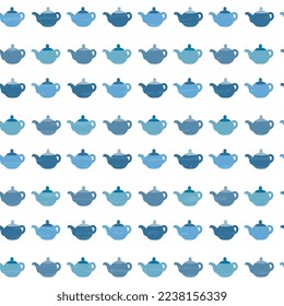 Seamless pattern with teapots in blue shades on a white background, textured. Beautiful tile, wrapping, cover, wallpaper.