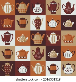 Seamless pattern with teapots in brown tones. Coffee theme. Vector illustration.