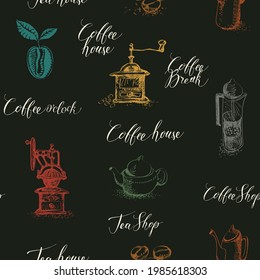 Seamless pattern with teapots, coffee beans, coffee grinders in retro style. Hand-drawn vector background on the tea and coffee theme with inscriptions and colored sketches on a black backdrop