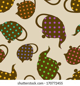 Seamless pattern of teapots with colorful polka dot pattern