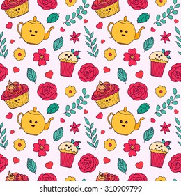 Seamless pattern with teapots, cupcakes and flowers. Can be used to design for website background, textile printing, wallpaper. Vector hand drawn illustration