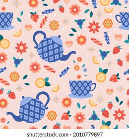 Seamless pattern with teapots and cups. Abstract flowers, candy, lemons, strawberry, raspberry and blueberry. Vector illustration for kitchen. Tea time.