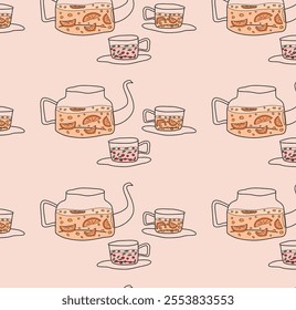 Seamless pattern with teapots and cups of berry, mandarin, and sea buckthorn tea. Winter drinks. Decorative background. Hand-drawn style. Ideal for seasonal designs. Flat vector illustration. 