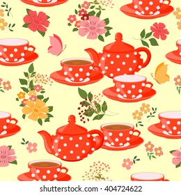 Seamless pattern with teapots, cups and butterflies. Teapots, cups of tea, flowers and butterflies.