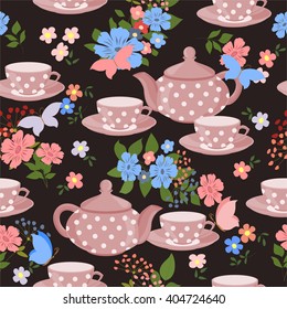 Seamless pattern with teapots, cups and butterflies. Teapots, cups of tea, flowers and butterflies.
