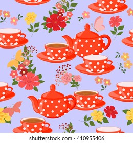 Seamless pattern with teapots, cups and butterflies. Teapots, cups of tea, flowers and butterflies.