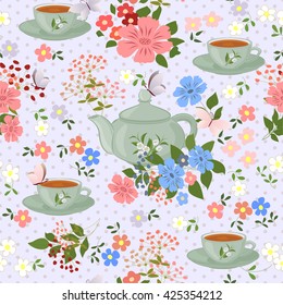 Seamless pattern with teapots, cups and butterflies. Teapots, cups of tea, flowers and butterflies.