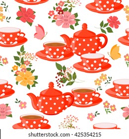 Seamless pattern with teapots, cups and butterflies. Teapots, cups of tea, flowers and butterflies.