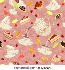 Seamless pattern with teapots, cups, cakes, lemons and strawberries. 