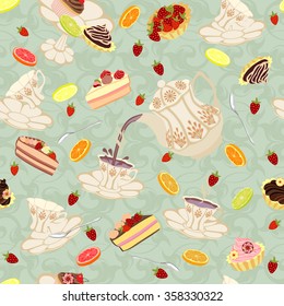 Seamless pattern with teapots, cups, cakes, lemons and strawberries. Pattern with flying tea cups, fruits and sweets.