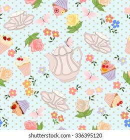 Seamless pattern with teapots, cups, cupcakes, flowers and butterflies.