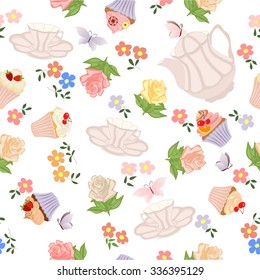 Seamless pattern with teapots, cups, cupcakes, flowers and butterflies.