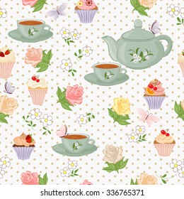 Seamless pattern with teapots, cups, cupcakes, flowers and butterflies.