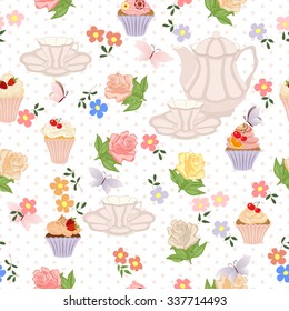 Seamless pattern with teapots, cups, cupcakes, flowers and butterflies.
