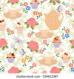 Seamless pattern with teapots, cups, cupcakes, flowers and butterflies.