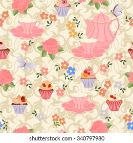 Seamless pattern with teapots, cups, cupcakes, flowers and butterflies.
