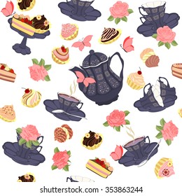 Seamless pattern with teapots, cups, cupcakes, flowers and butterflies.
