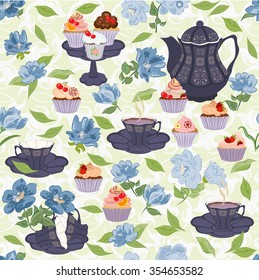 Seamless pattern with teapots, cups, cupcakes, flowers.