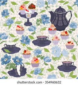 Seamless pattern with teapots, cups, cupcakes, flowers.