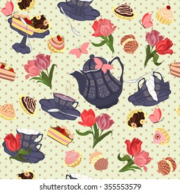 Seamless pattern with teapots, cups, cupcakes, flowers and butterflies. Vector seamless pattern with tea, tulips and butterflies.