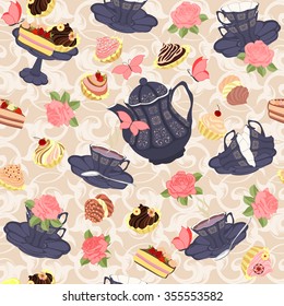 Seamless pattern with teapots, cups, cupcakes, flowers and butterflies.  Vector seamless pattern with tea, roses and butterflies.