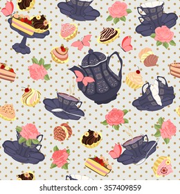 Seamless pattern with teapots, cups, cupcakes, flowers and butterflies. Vector seamless pattern with tea, roses and butterflies.
