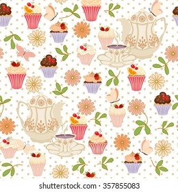 Seamless pattern with teapots, cups, cupcakes, flowers and butterflies. Vector seamless pattern with tea, daisies, butterflies.