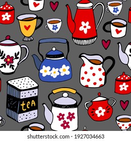 Seamless pattern with teapots, cups and dishes on a gray background. Tea accessories. Cute cartoon pattern. Different colored cups, teapots, a box of tea, dishes. Doodle illustration.