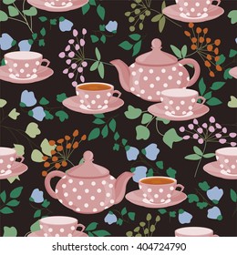 Seamless pattern with teapots, cups and field plants. Teapots, cups of tea, green branches and flowers.
