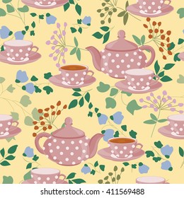Seamless pattern with teapots, cups and field plants. Teapots, cups of tea, green branches and flowers.