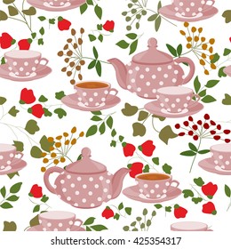 Seamless pattern with teapots, cups and field plants. Teapots, cups of tea, green branches and flowers.