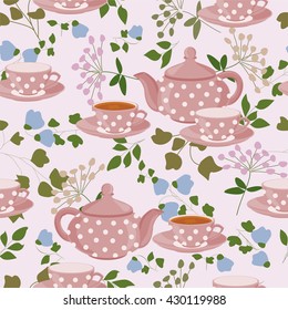 Seamless pattern with teapots, cups and field plants. Teapots, cups of tea, green branches and flowers.