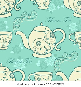 Seamless pattern with teapots and cups with floral design elements.
