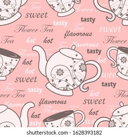 Seamless pattern with teapots and cups with floral design elements. Vector illustration.